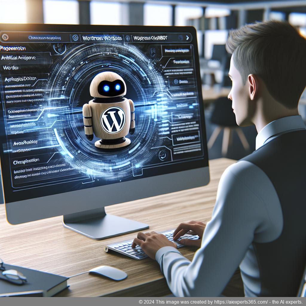 An illustration depicting a modern workspace featuring a computer screen displaying an AI-driven WordPress chatbot interface engaged in conversation.