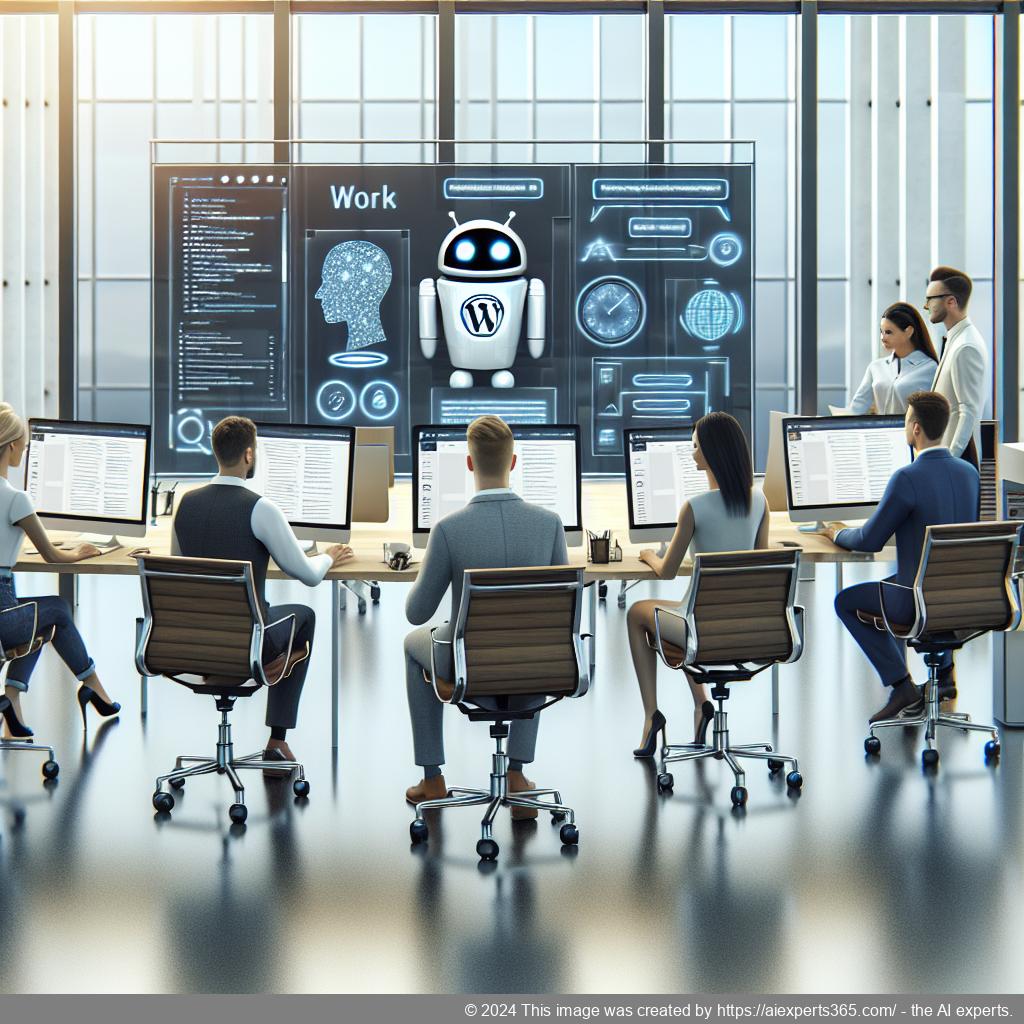 An illustration depicting a modern office environment where a diverse group of professionals interacts with an AI-powered WordPress chatbot on their computers.