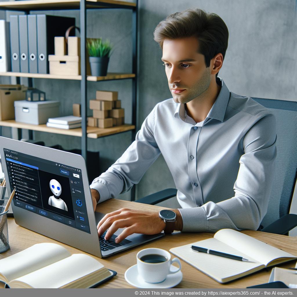 A professional setting showcasing a person interacting with an AI-driven chatbot on a laptop screen while providing excellent customer service.