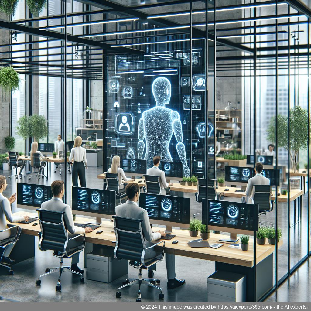 A modern office scene showing a diverse group of professionals interacting with an advanced AI-powered chatbot interface on their laptops.