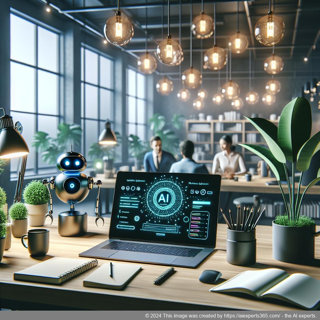 A visual representation of a modern workspace featuring a computer screen displaying a friendly AI chatbot interface designed for WordPress websites.