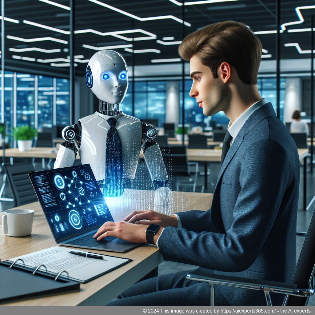 A professional setting showcasing a person interacting with a WordPress ChatGPT chatbot on their laptop, symbolizing enhanced customer support.