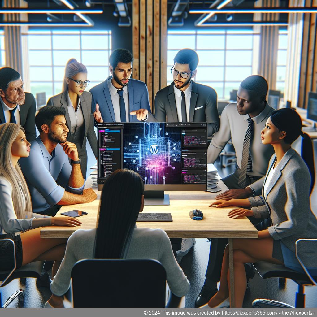A professional setting showcasing a diverse team discussing strategies around a computer displaying a WordPress ChatGPT chatbot interface.