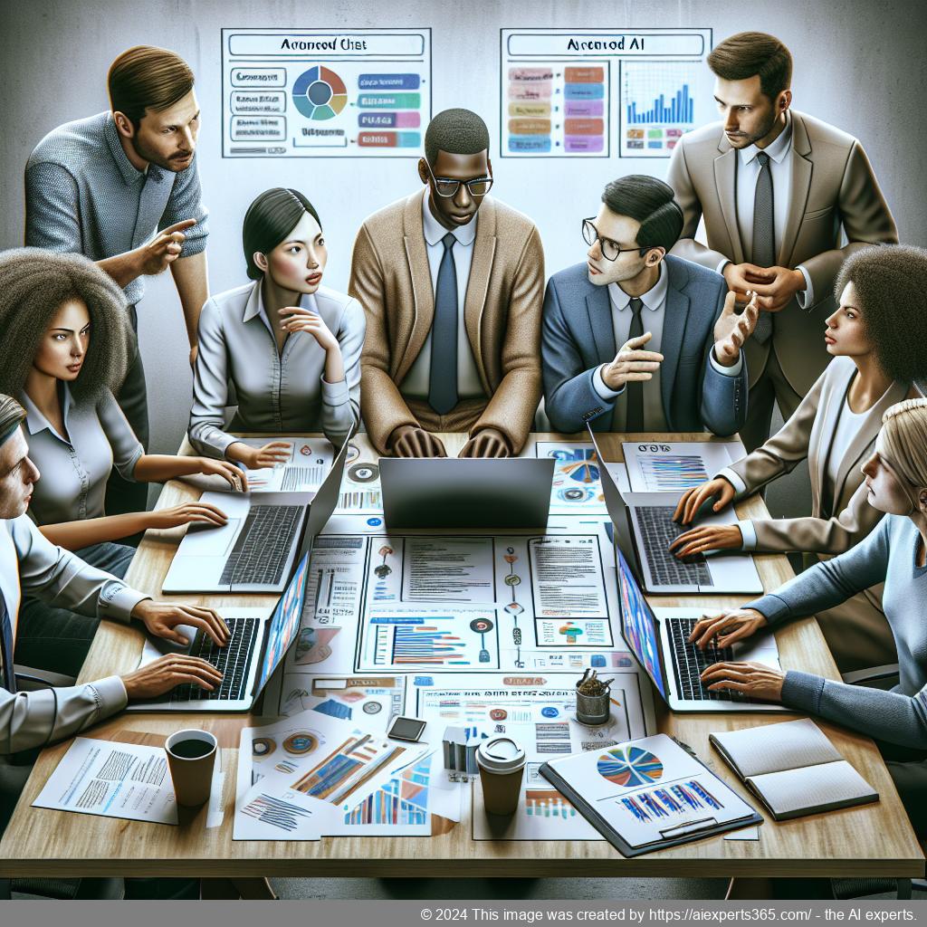 A professional setting showcasing a diverse team discussing strategies around implementing a WordPress ChatGPT chatbot for enhanced customer engagement.