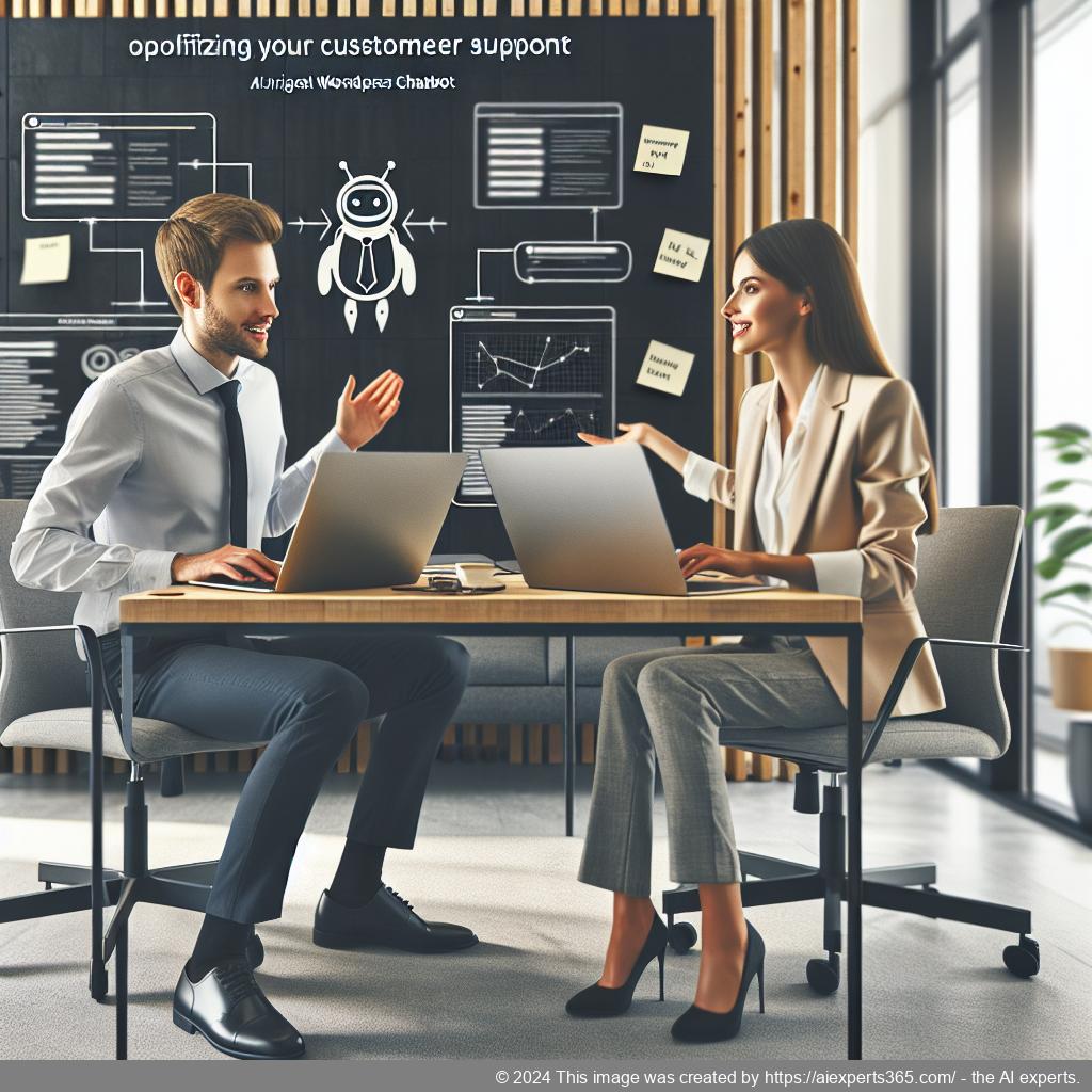 A professional setting showcasing a diverse team discussing strategies for optimizing customer support using a WordPress ChatGPT chatbot.