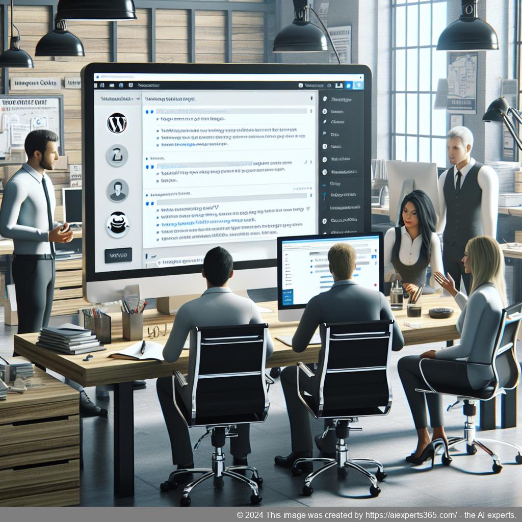 A professional setting showcasing a diverse team collaborating around a computer screen displaying a WordPress ChatGPT chatbot interface.