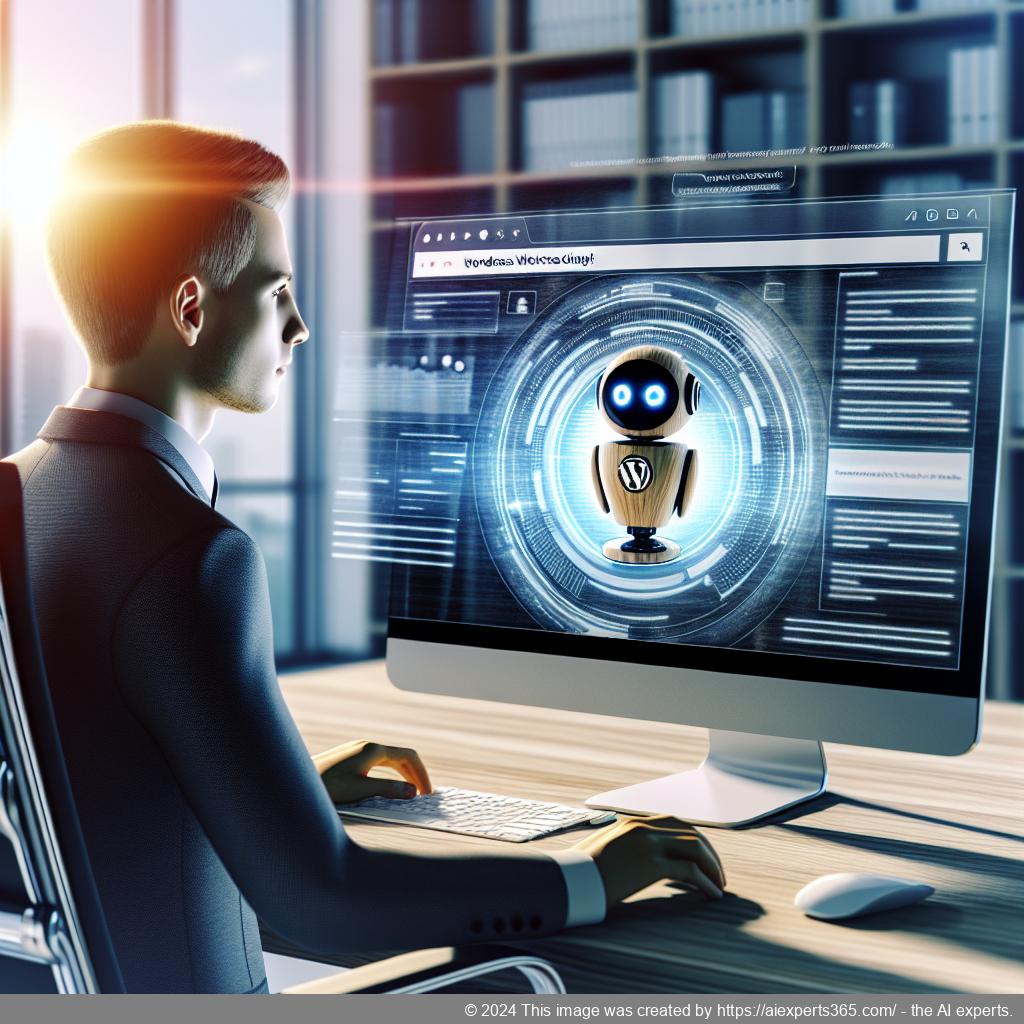 A professional setting showing a person interacting with a computer displaying a WordPress ChatGPT chatbot interface.