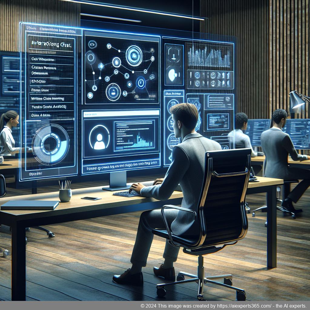 A professional setting showcasing a person interacting with a computer displaying a WordPress ChatGPT chatbot interface, symbolizing enhanced customer engagement through AI.