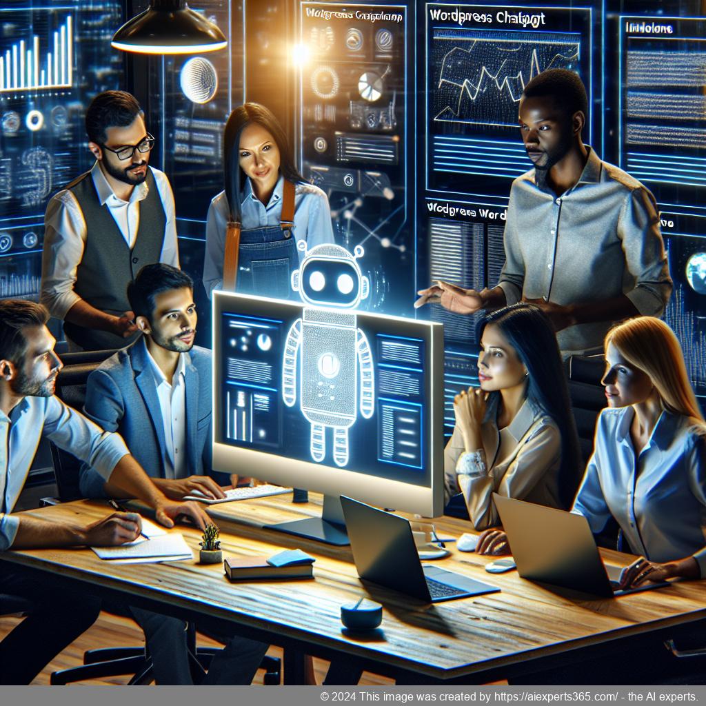 A professional setting showing a diverse team discussing strategies around a computer screen displaying a WordPress ChatGPT chatbot interface.