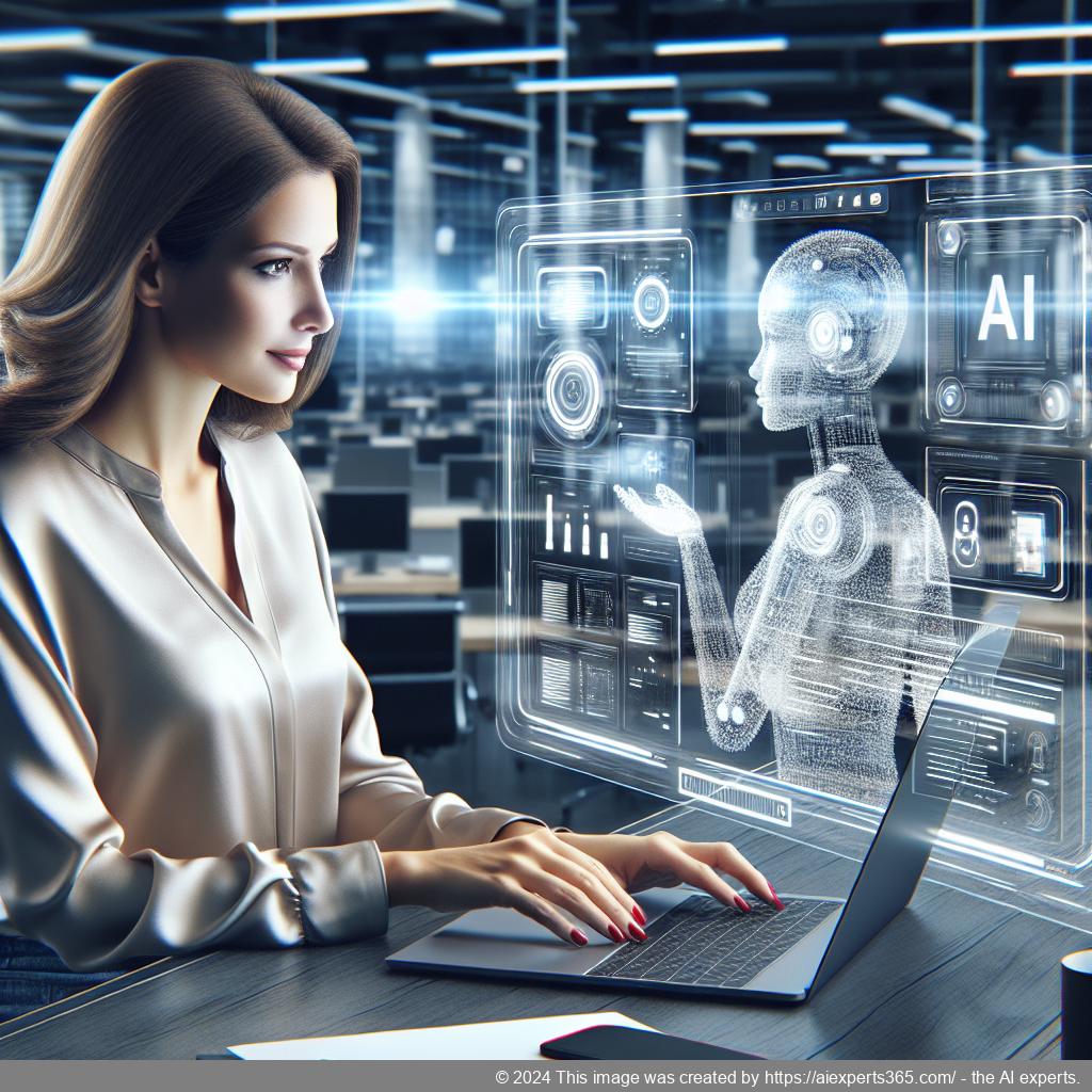 A professional woman interacting with an advanced AI chatbot interface on a laptop screen showcasing enhanced customer engagement solutions.