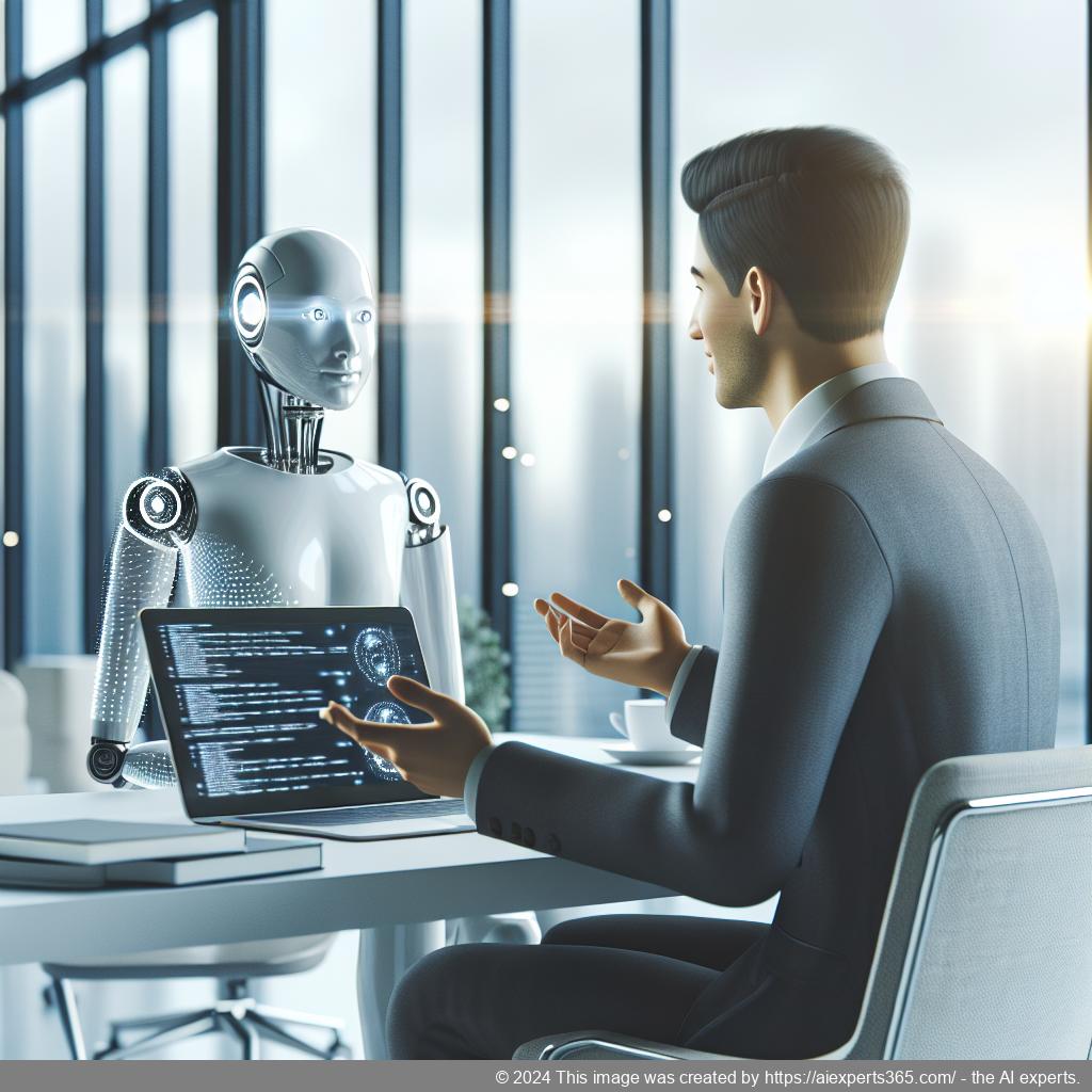 A professional German-speaking individual interacting with an advanced WordPress AI chatbot interface on a laptop screen.