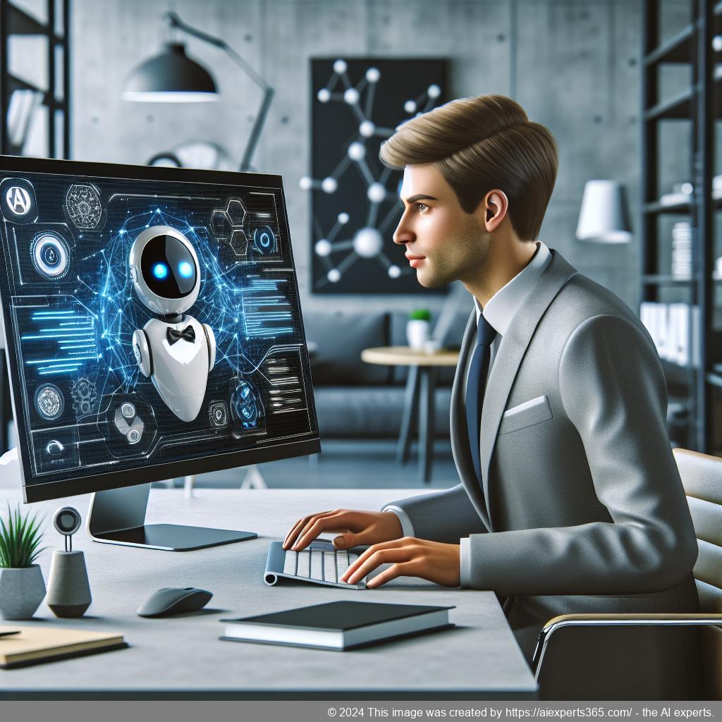 A professional setting showcasing a person interacting with a computer displaying an AI chatbot interface designed for WordPress websites.