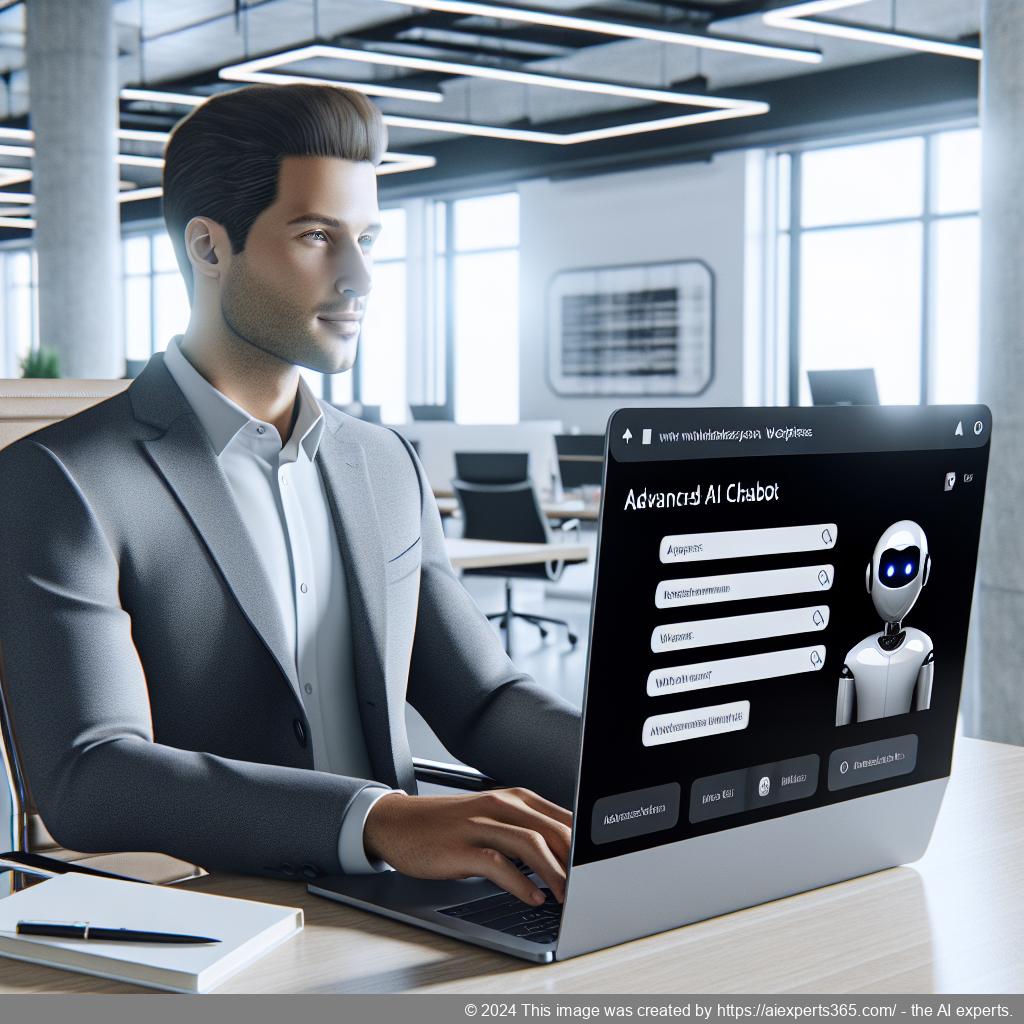 A professional-looking German-speaking individual interacting with an advanced WordPress AI chatbot on a computer screen.