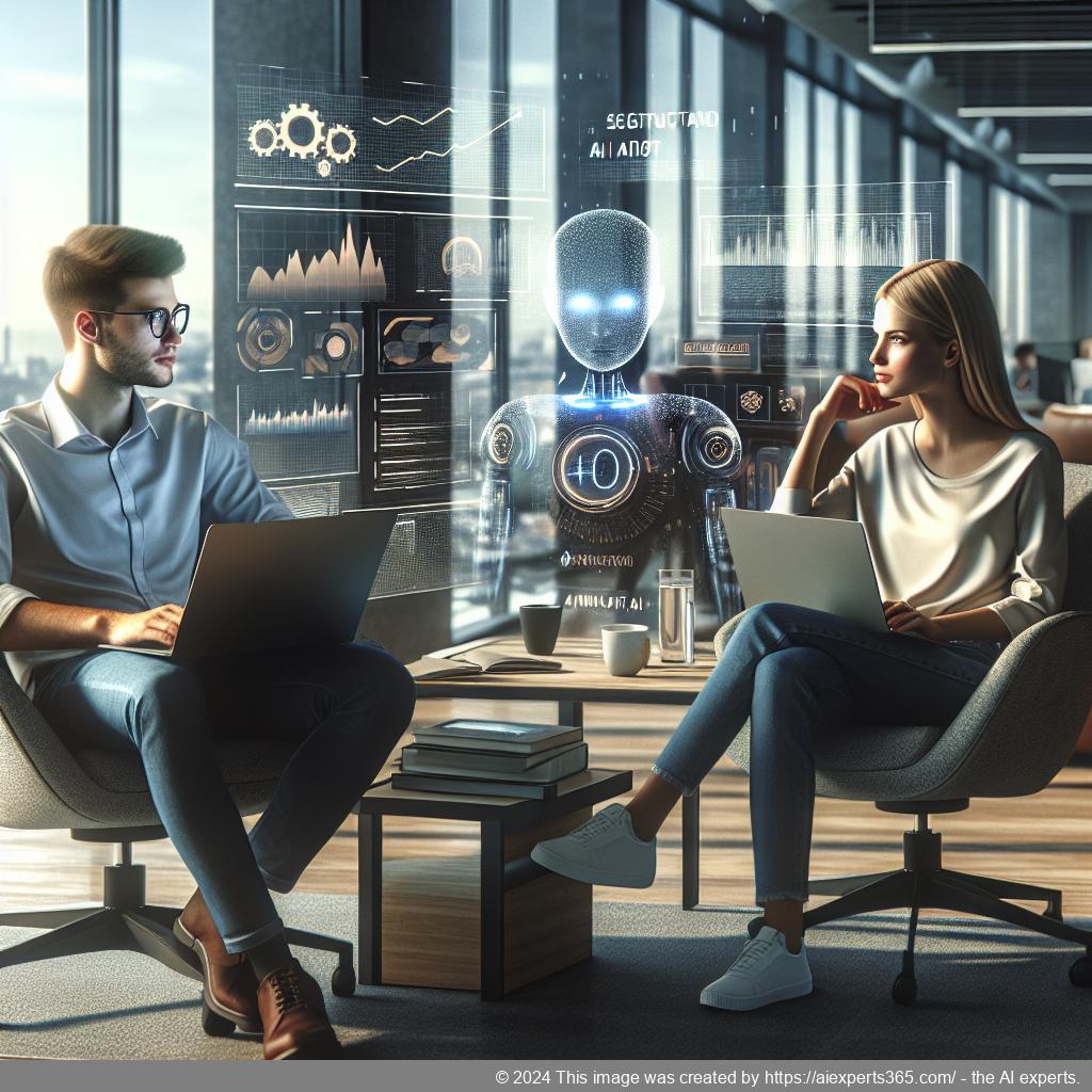 A professional setting showcasing a diverse group of individuals interacting with an advanced AI chatbot interface on a laptop screen.