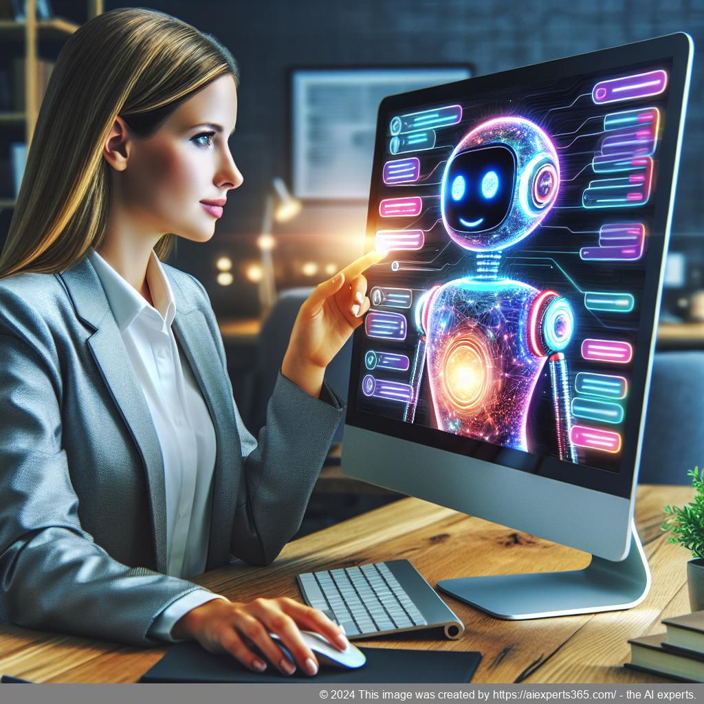 A professional woman interacting with a computer displaying a WordPress chatbot interface, symbolizing enhanced user satisfaction through AI technology.