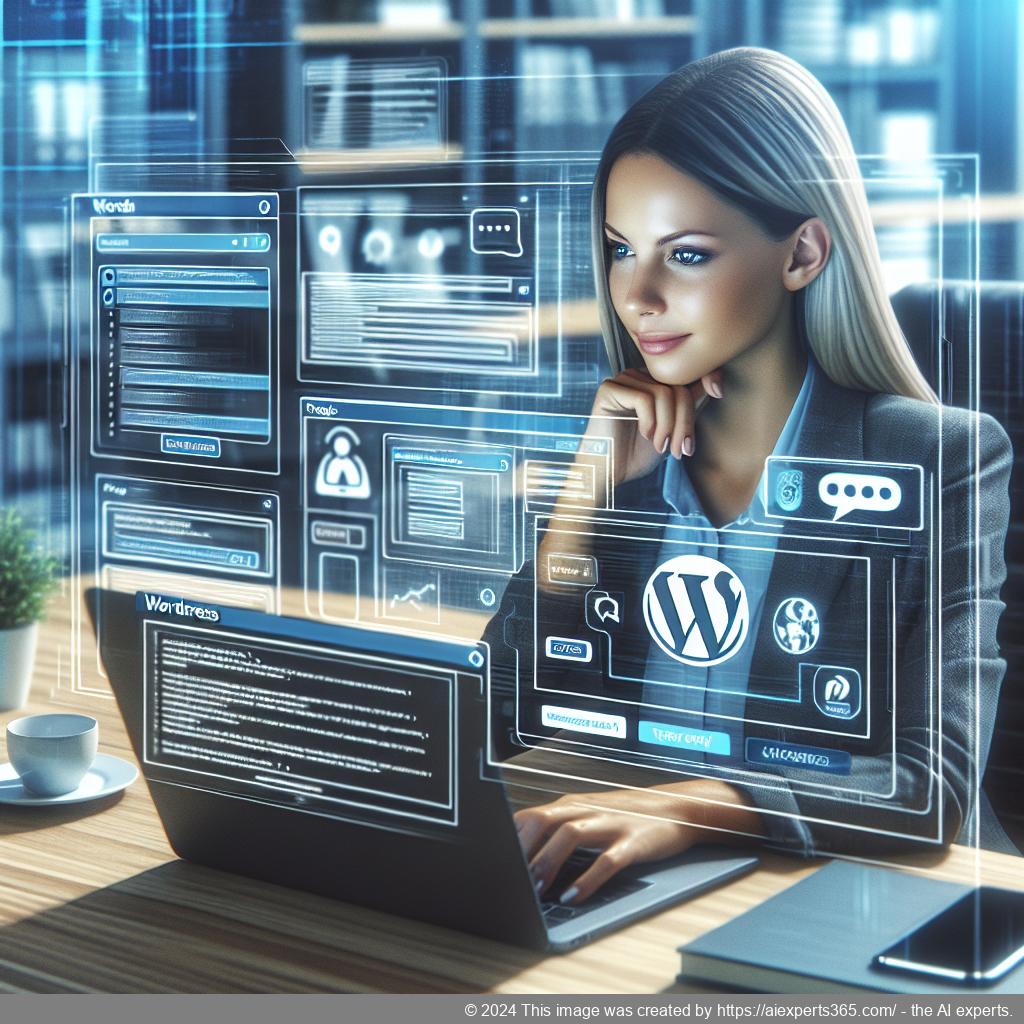 A professional woman interacting with a WordPress chatbot on her laptop, showcasing enhanced customer engagement through AI technology.