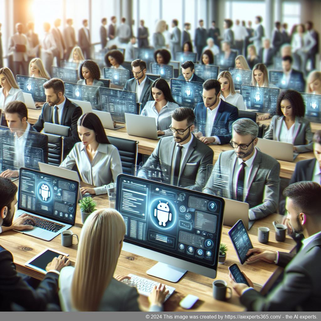 A professional setting showcasing a diverse group of people interacting with technology, emphasizing the use of WordPress chatbots for enhanced customer engagement.