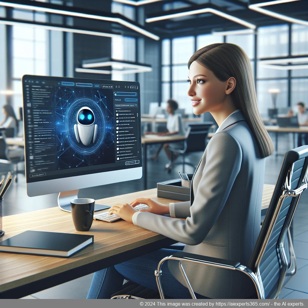 A professional woman interacting with an AI-powered WordPress chatbot on her laptop, showcasing enhanced customer engagement through innovative technology.