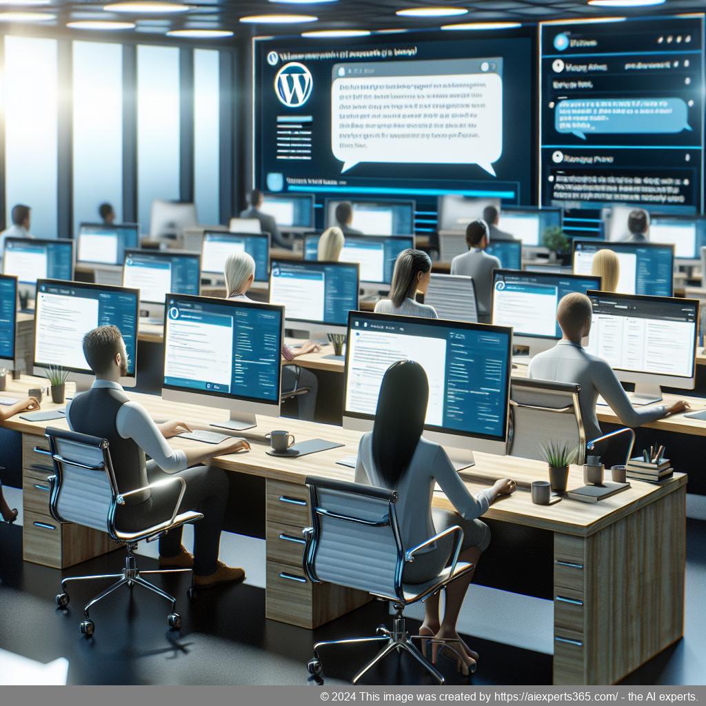 A professional setting showcasing a WordPress chatbot interface assisting customers online.